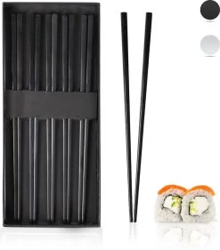 Dymund® Chopsticks - 5 Persoons Eetstokjes Set - Herbruikbaar - RVS - Zwart