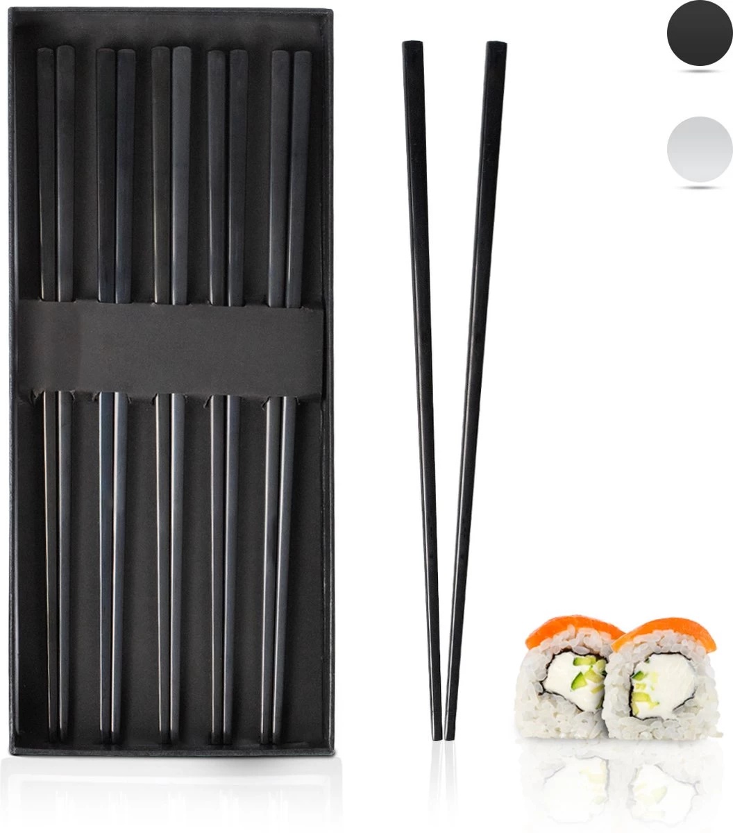 Dymund® Chopsticks - 5 Persoons Eetstokjes Set - Herbruikbaar - RVS - Zwart
