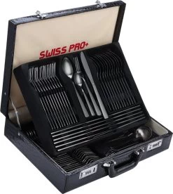 Swiss Pro+ Bestekset In Koffer-72 Delig-12 Persoons-Zwitsers Kwaliteit-Complete Set-100% Roestvrijstaal- Zwart