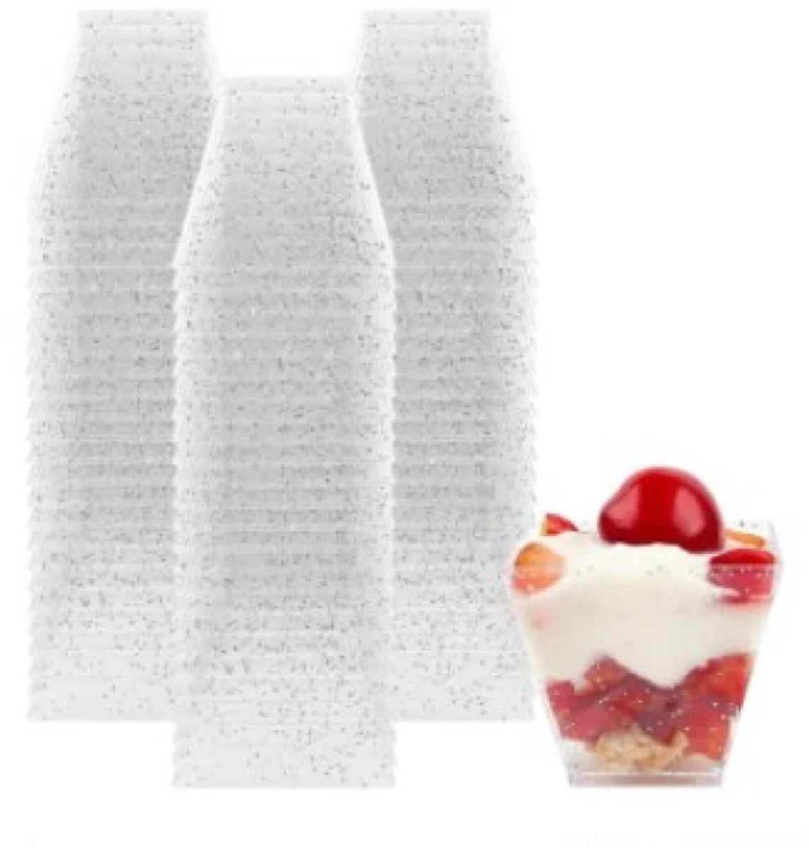 Merkloos Kleine Amuse Bakjes Voor Dessert/IJs/Fruit/Hapjes/Tapas/Toetje/Gebakje/Taartje - Herbruikbare Amusebakjes Van Kunststof - Afwasmachinebestendig - 70ML - Vierkant - 25 Stuks - Transparant Met Zilveren Glitter