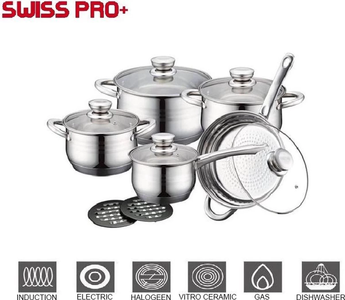Swiss Pro + Pannenset - 12 Delig - RVS - 1230 - Roestvrijstalen Kookgerei 18/10- 3 Swiss Pro + Pannenset - 12 Delig - RVS - 1230 - Roestvrijstalen Kookgerei 18/10-