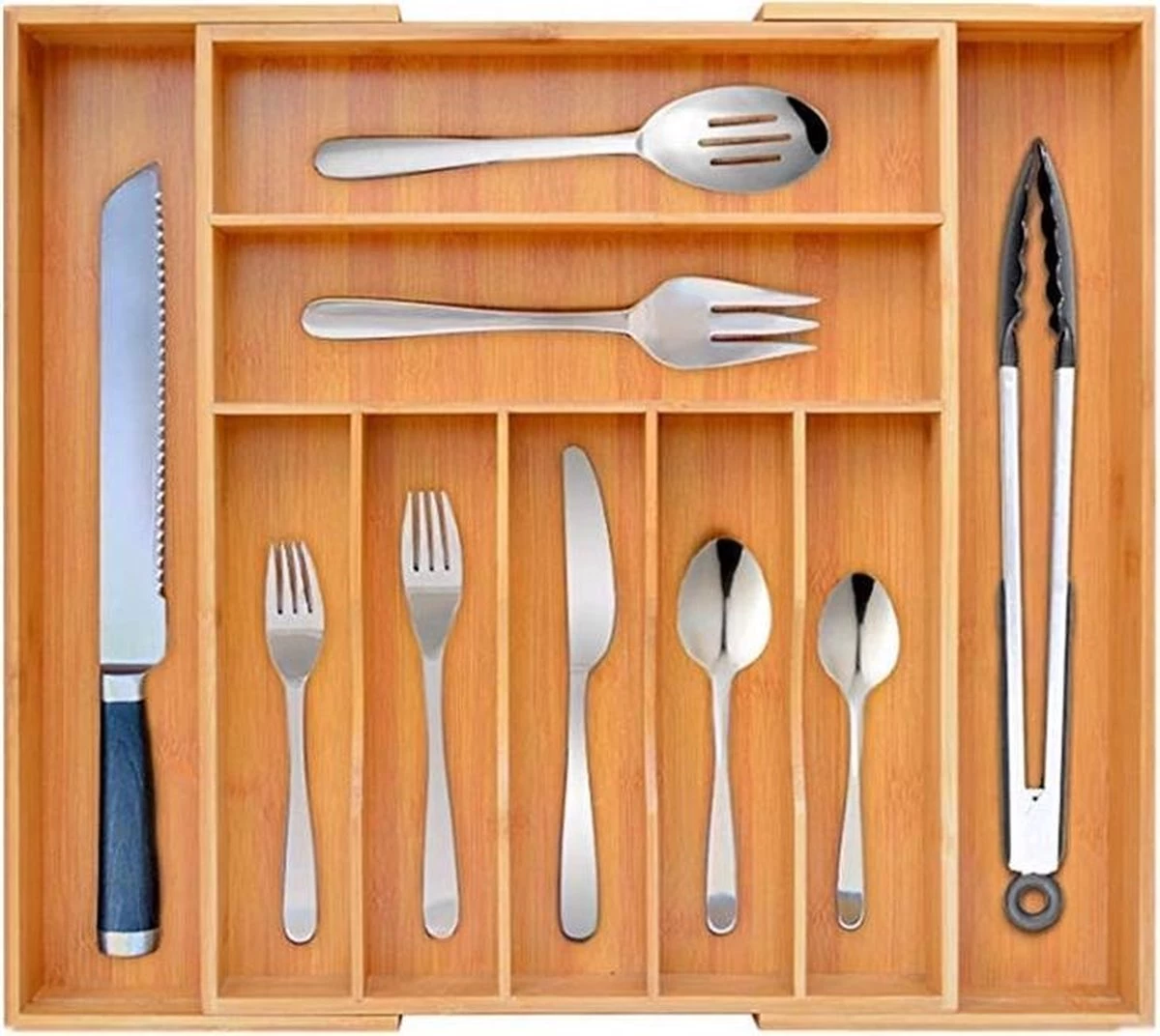 Merkloos Decopatent® Uitschuifbaar Bestekbak - Besteklade - 7 Vaks -> Uitschuifbaar Naar 9 Vakken - Bestekbakken Organizer - Bamboe - Hout 3 Merkloos Decopatent® Uitschuifbaar Bestekbak - Besteklade - 7 Vaks -> Uitschuifbaar Naar 9 Vakken - Bestekbakken Organizer - Bamboe - Hout