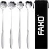 Fako Bijoux® - 4 Lange Lepels Bloem Motief - Latte Macchiato - Longdrink - Cocktail - Dessert - IJs - Koffie - Zilver - 4 Stuks - Bewaarzakje