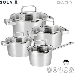 Sola Pannenset Diamond - 4 Delig - Ø 16,16,18,20 Cm - Zilver - RVS - Sandwichbodem 21 Sola Pannenset Diamond - 4 Delig - Ø 16,16,18,20 Cm - Zilver - RVS - Sandwichbodem -Keukenbenodigdheden Winkel 1200x1183