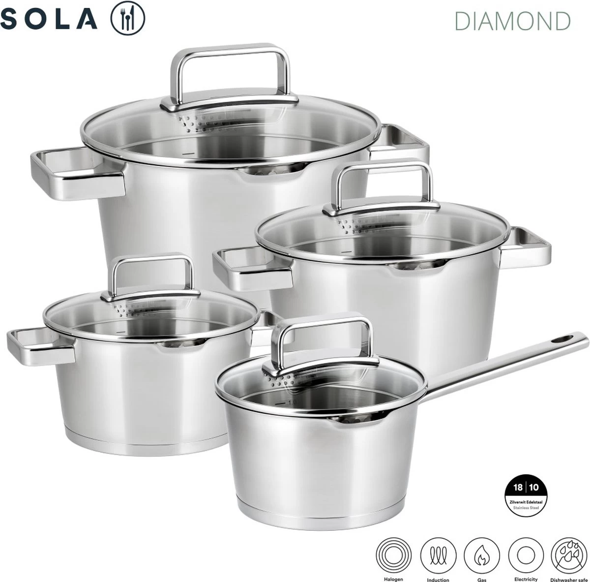 Sola Pannenset Diamond - 4 Delig - Ø 16,16,18,20 Cm - Zilver - RVS - Sandwichbodem 11 Sola Pannenset Diamond - 4 Delig - Ø 16,16,18,20 Cm - Zilver - RVS - Sandwichbodem - Afbeelding 9