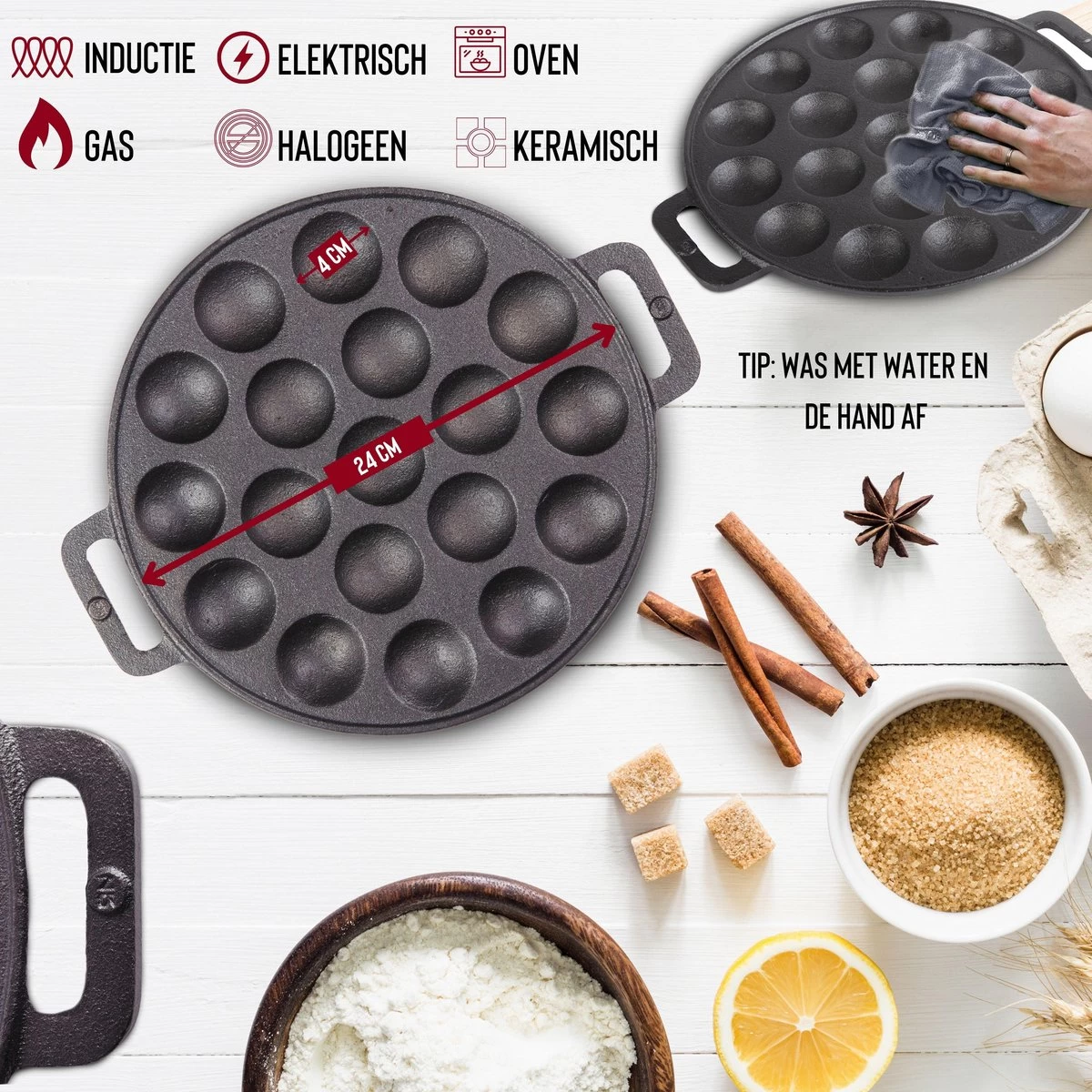 Rednas Poffertjespan Pakket - Incl. Luxe Giftbox - Incl.Bakkwast/Vork/Doseerfles - RVS/Gietijzer 7 Rednas Poffertjespan Pakket - Incl. Luxe Giftbox - Incl.Bakkwast/Vork/Doseerfles - RVS/Gietijzer - Image 5