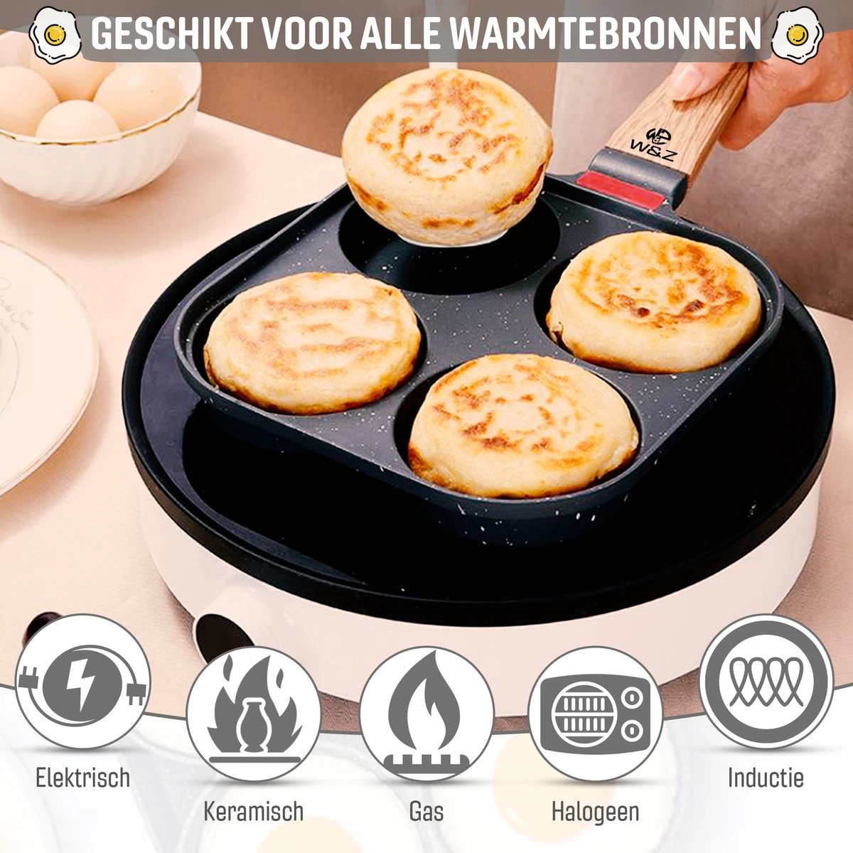 W&Z® Pannenkoekenpan Inductie - Pancake Pan - Omeletpan - Omeletmaker -Eierpan- Anti Aanbak - 4 Vakjes 8 W&Z® Pannenkoekenpan Inductie - Pancake Pan - Omeletpan - Omeletmaker -Eierpan- Anti Aanbak - 4 Vakjes - Afbeelding 6