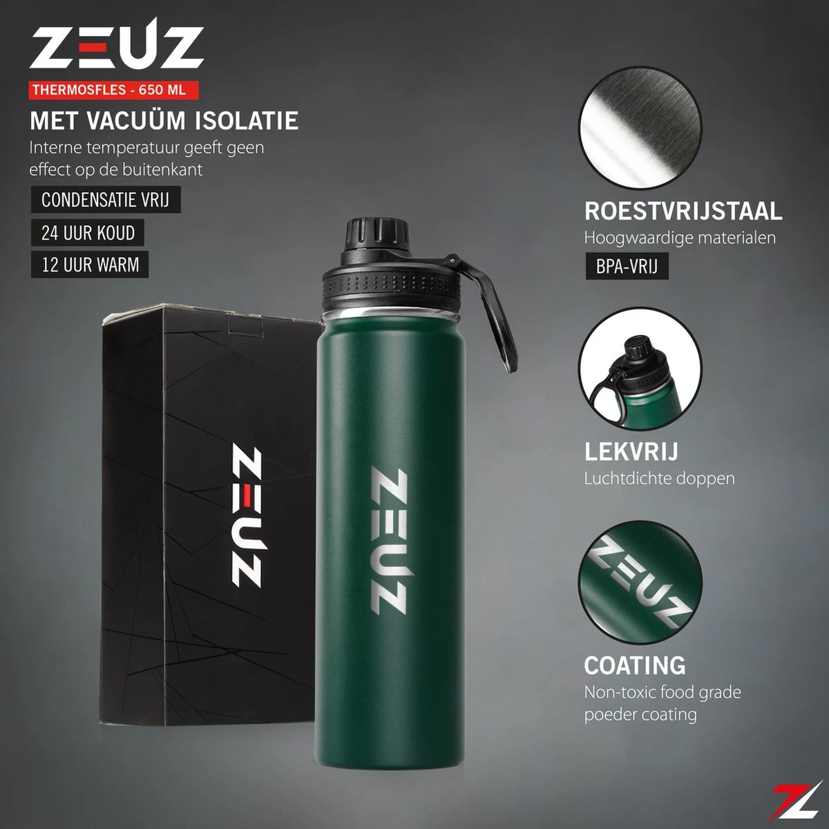 ZEUZ® Premium RVS Thermosfles & Drinkfles – Waterfles Met Rietje - BPA Vrij – 700 Ml - Mat Groen 4 ZEUZ® Premium RVS Thermosfles & Drinkfles – Waterfles Met Rietje - BPA Vrij – 700 Ml - Mat Groen - Afbeelding 2