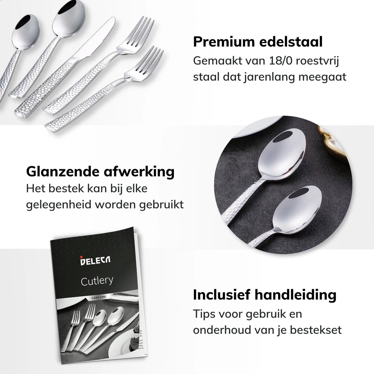 Deleca 6 Persoons Bestekset Deluxe (30-delig) - Vorken, Lepels En Messen - Vaatwasserbestendig - Gehamerd - Zilver / RVS 6 Deleca 6 Persoons Bestekset Deluxe (30-delig) - Vorken, Lepels En Messen - Vaatwasserbestendig - Gehamerd - Zilver / RVS - Afbeelding 4