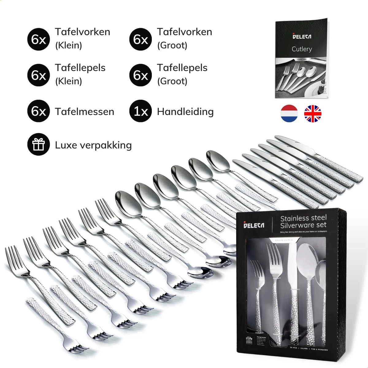 Deleca 6 Persoons Bestekset Deluxe (30-delig) - Vorken, Lepels En Messen - Vaatwasserbestendig - Gehamerd - Zilver / RVS 10 Deleca 6 Persoons Bestekset Deluxe (30-delig) - Vorken, Lepels En Messen - Vaatwasserbestendig - Gehamerd - Zilver / RVS - Afbeelding 8