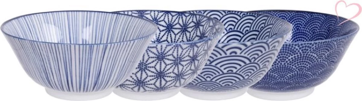 Tokyo Design Studio, Nippon Blue Assorted Designs Tayo Bowl 15.2x6.7cm 500ml Set Van 4 Kommen 3 Tokyo Design Studio, Nippon Blue Assorted Designs Tayo Bowl 15.2x6.7cm 500ml Set Van 4 Kommen