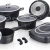 Royalty Line Inductie Panneset - 15-Delig Koekenpannenset - Kookpotten - Koekenpannen - Pannen Met Glazen Deksels En Afneembare Koudgrepen - Pannenset Met Dubbel Grillpan - Voor Alle Warmtebronne - Oven-Ready - PFAS-Vrij - Zwart