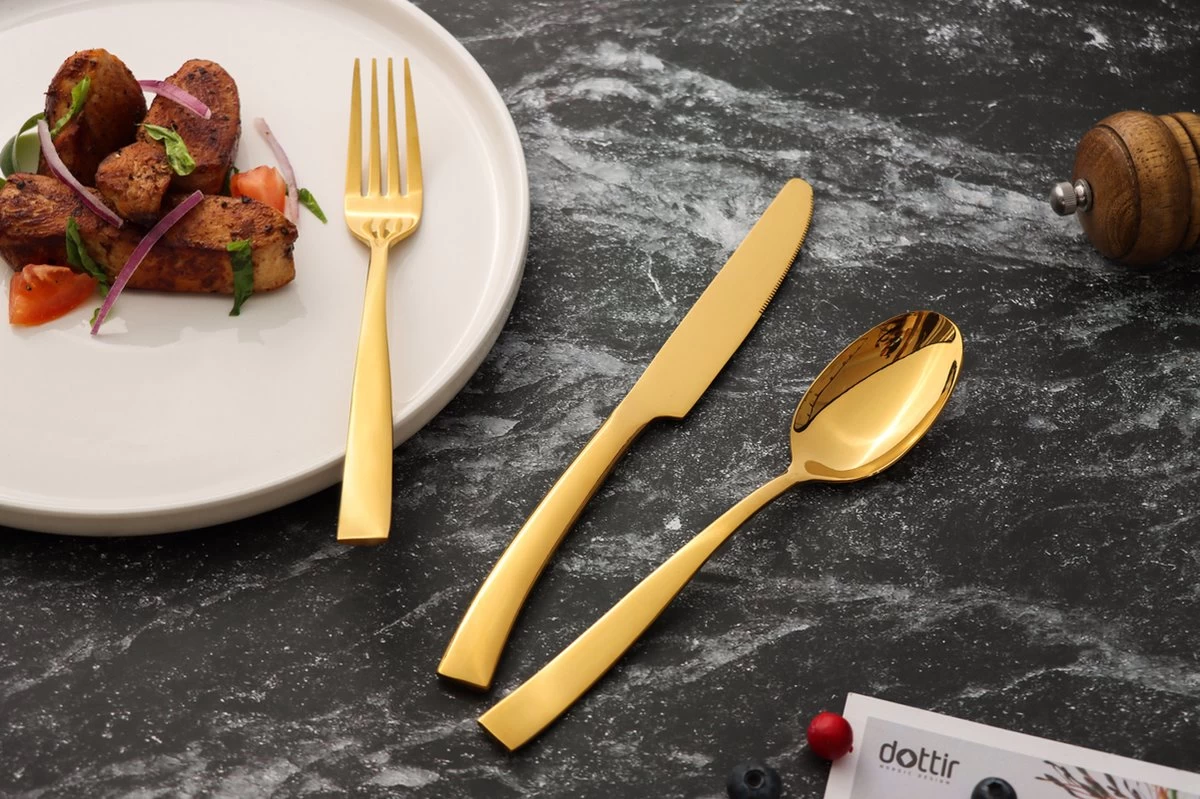 Bestekset - Bestek Goud -24 Delig-Zwitsers Kwaliteit-Complete Set-100% Roestvrijstaal-Gold 24k-Goud 24K 6 Bestekset - Bestek Goud -24 Delig-Zwitsers Kwaliteit-Complete Set-100% Roestvrijstaal-Gold 24k-Goud 24K - Afbeelding 4