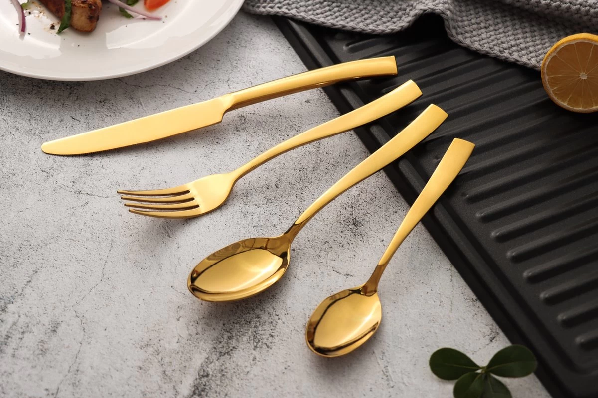 Bestekset - Bestek Goud -24 Delig-Zwitsers Kwaliteit-Complete Set-100% Roestvrijstaal-Gold 24k-Goud 24K 9 Bestekset - Bestek Goud -24 Delig-Zwitsers Kwaliteit-Complete Set-100% Roestvrijstaal-Gold 24k-Goud 24K - Afbeelding 7