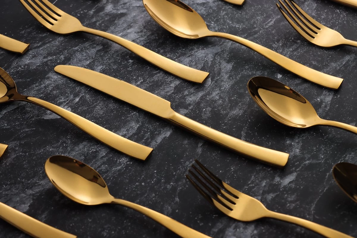 Bestekset - Bestek Goud -24 Delig-Zwitsers Kwaliteit-Complete Set-100% Roestvrijstaal-Gold 24k-Goud 24K 13 Bestekset - Bestek Goud -24 Delig-Zwitsers Kwaliteit-Complete Set-100% Roestvrijstaal-Gold 24k-Goud 24K - Afbeelding 11