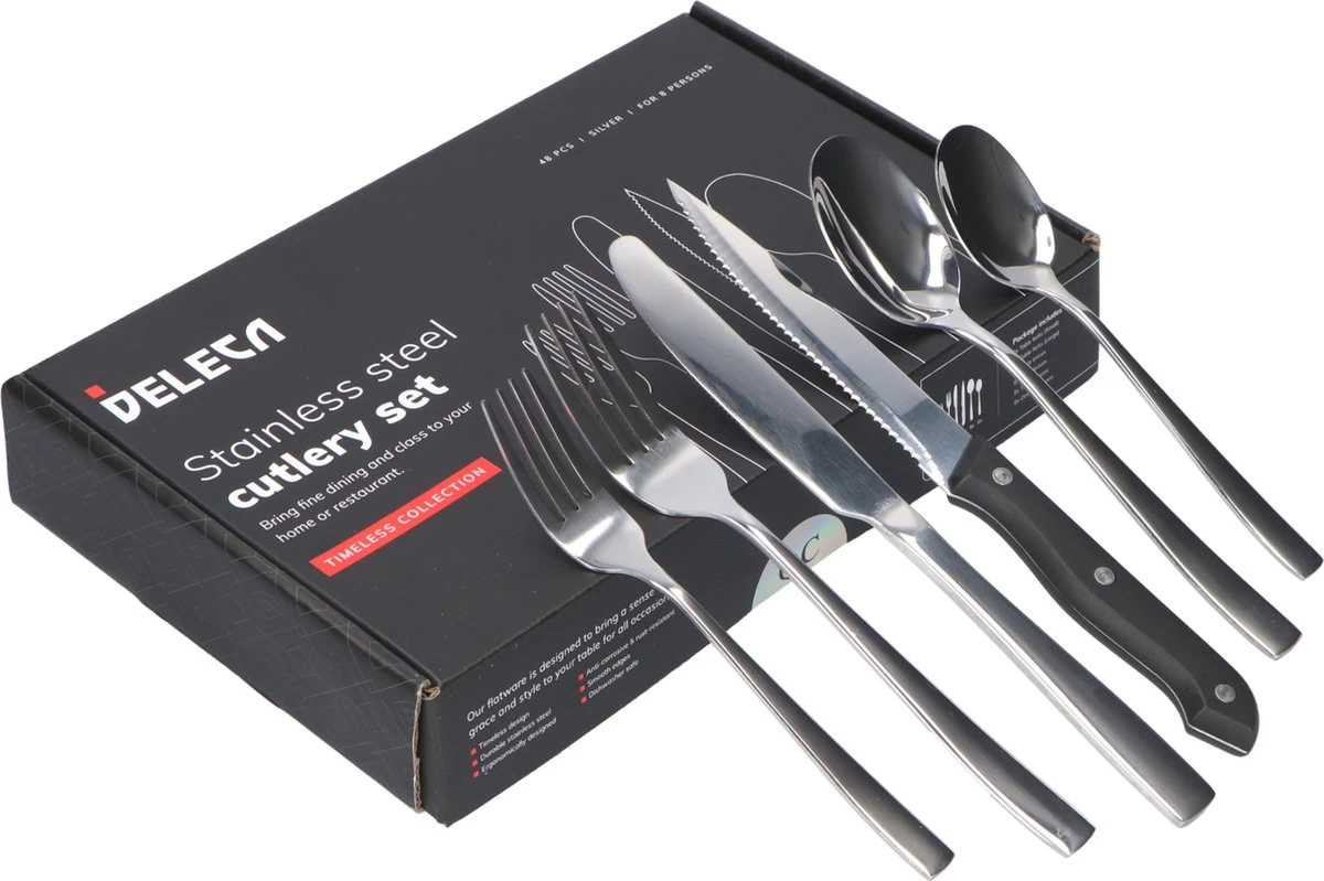 Deleca 8 Persoons Bestekset (48-delig) - Lepels, Messen, Vorken & Steakmessen - Vaatwasserbestendig - Zilver / RVS 11 Deleca 8 Persoons Bestekset (48-delig) - Lepels, Messen, Vorken & Steakmessen - Vaatwasserbestendig - Zilver / RVS - Afbeelding 9