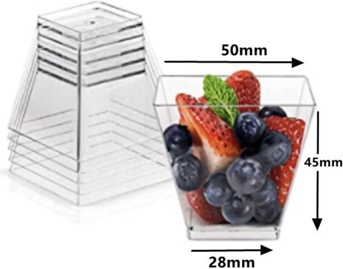 Merkloos Kleine Amuse Bakjes Voor Dessert/IJs/Fruit/Hapjes/Tapas/Toetje/Gebakje/Taartje - Herbruikbare Amusebakjes Van Kunststof - Afwasmachinebestendig - 70ML - Vierkant - 25 Stuks - Transparant 7 Merkloos Kleine Amuse Bakjes Voor Dessert/IJs/Fruit/Hapjes/Tapas/Toetje/Gebakje/Taartje - Herbruikbare Amusebakjes Van Kunststof - Afwasmachinebestendig - 70ML - Vierkant - 25 Stuks - Transparant - Image 5