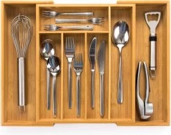 Budu Uitschuifbare Bamboe Bestekbak #33,5 (33,5 Cm Diep) - Bestekcassette Hout - Besteklade - 33,5 X 28 - 45 Cm - 5/7 Vakken